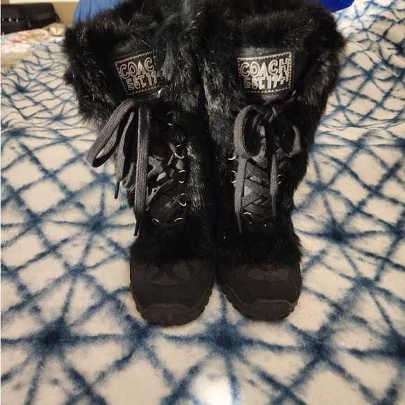 COACH Jennie Fur Trim Monogram Winter Snow Boots - Black size 5 - Picture 4 of 5
